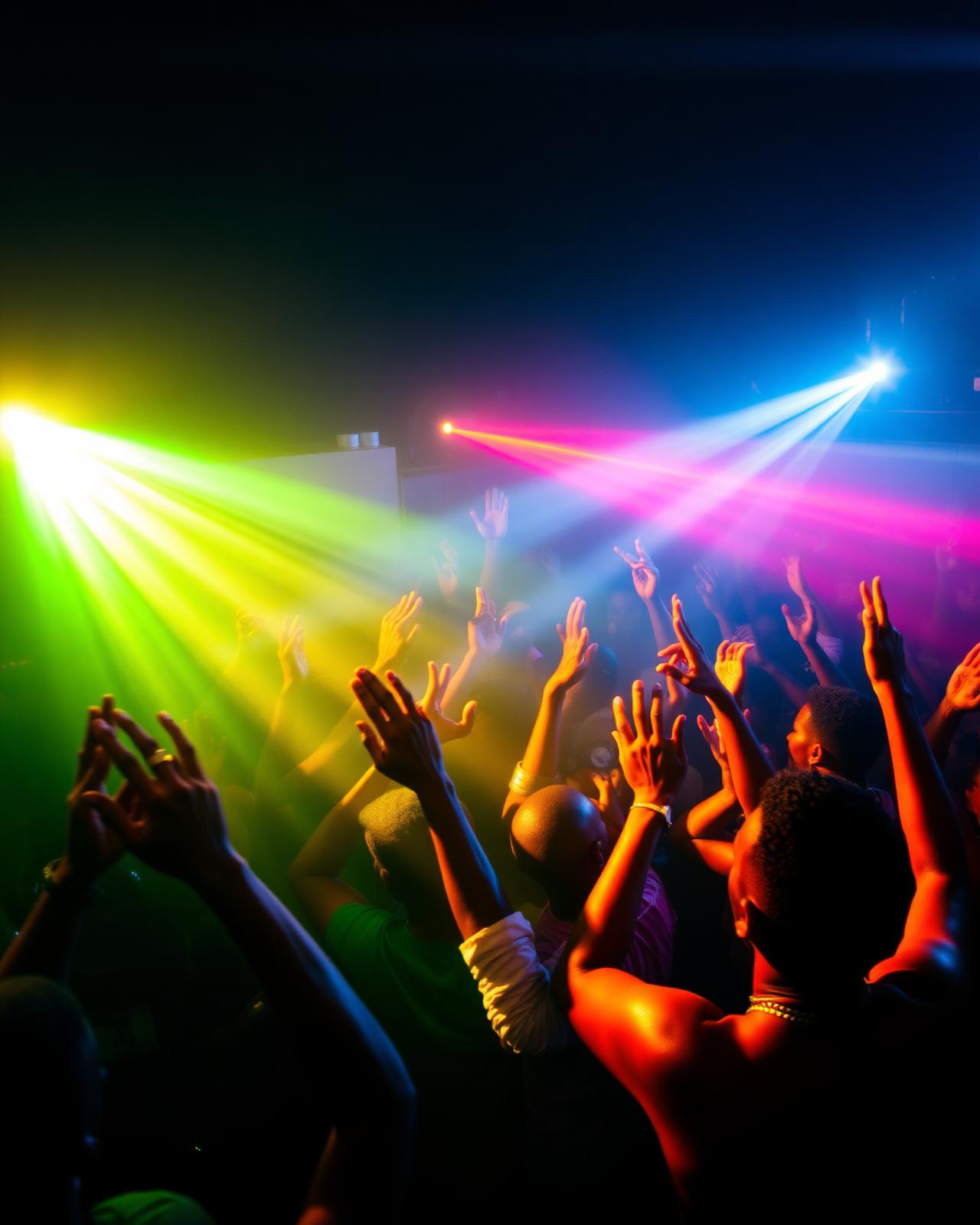 Packed Lagos rooftop concert crowd under strobe lights